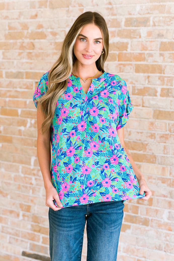 Lizzy Cap Sleeve Top in Mint and Lavender Floral - becauseofadi