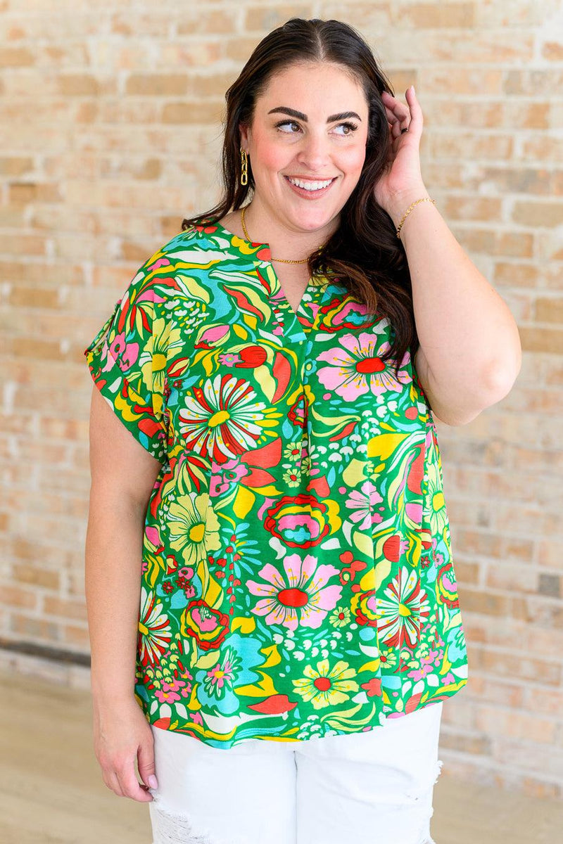 Lizzy Cap Sleeve Top in Retro Green Floral - becauseofadi