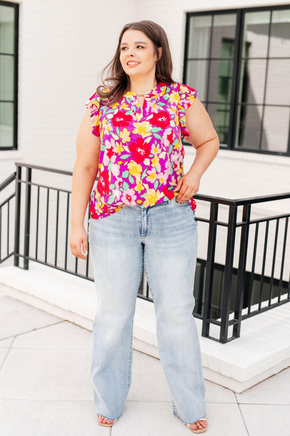 Lizzy Flutter Sleeve Top in Magenta and Yellow Floral - becauseofadi