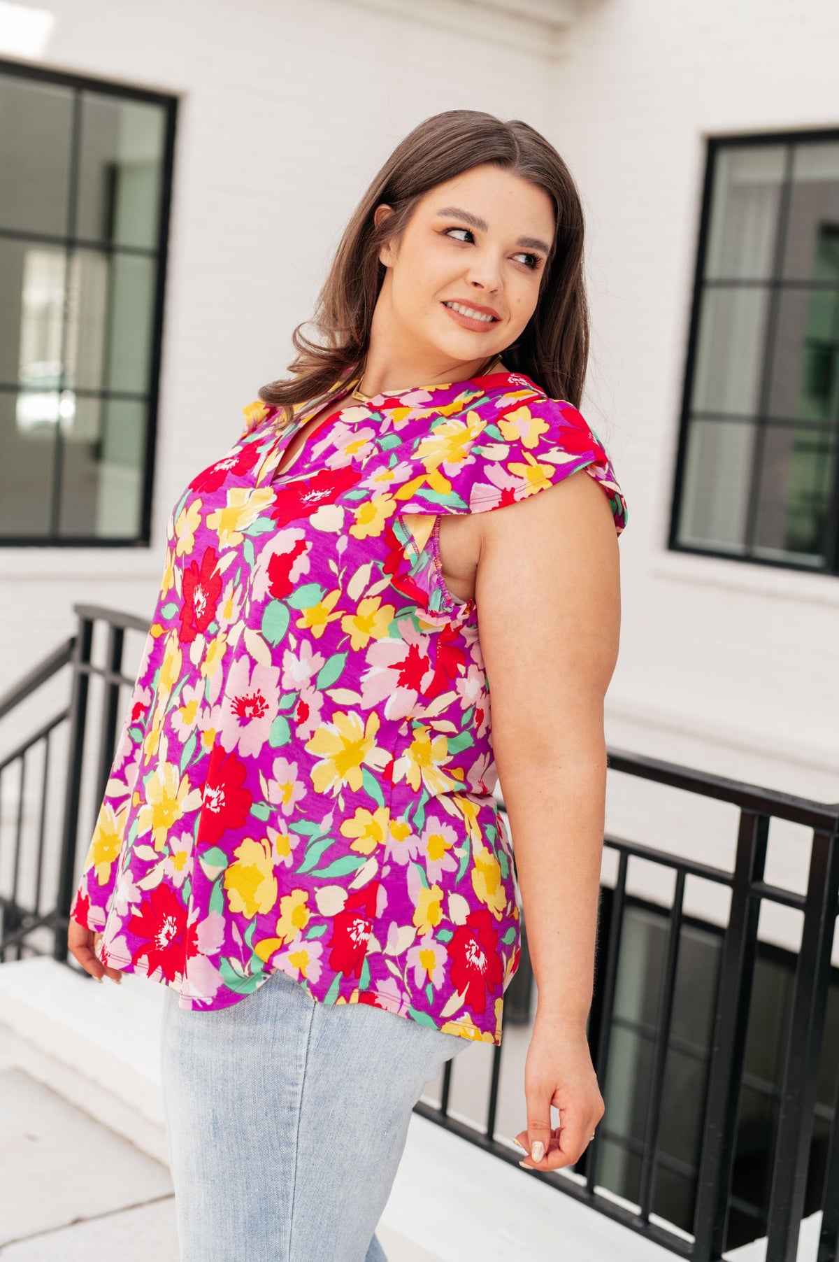 Lizzy Flutter Sleeve Top in Magenta and Yellow Floral - becauseofadi