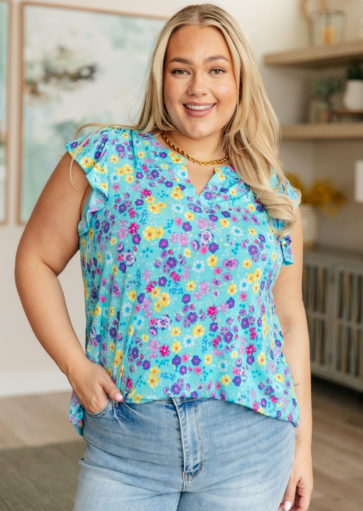 Lizzy Flutter Sleeve Top in Teal and Purple Floral - becauseofadi