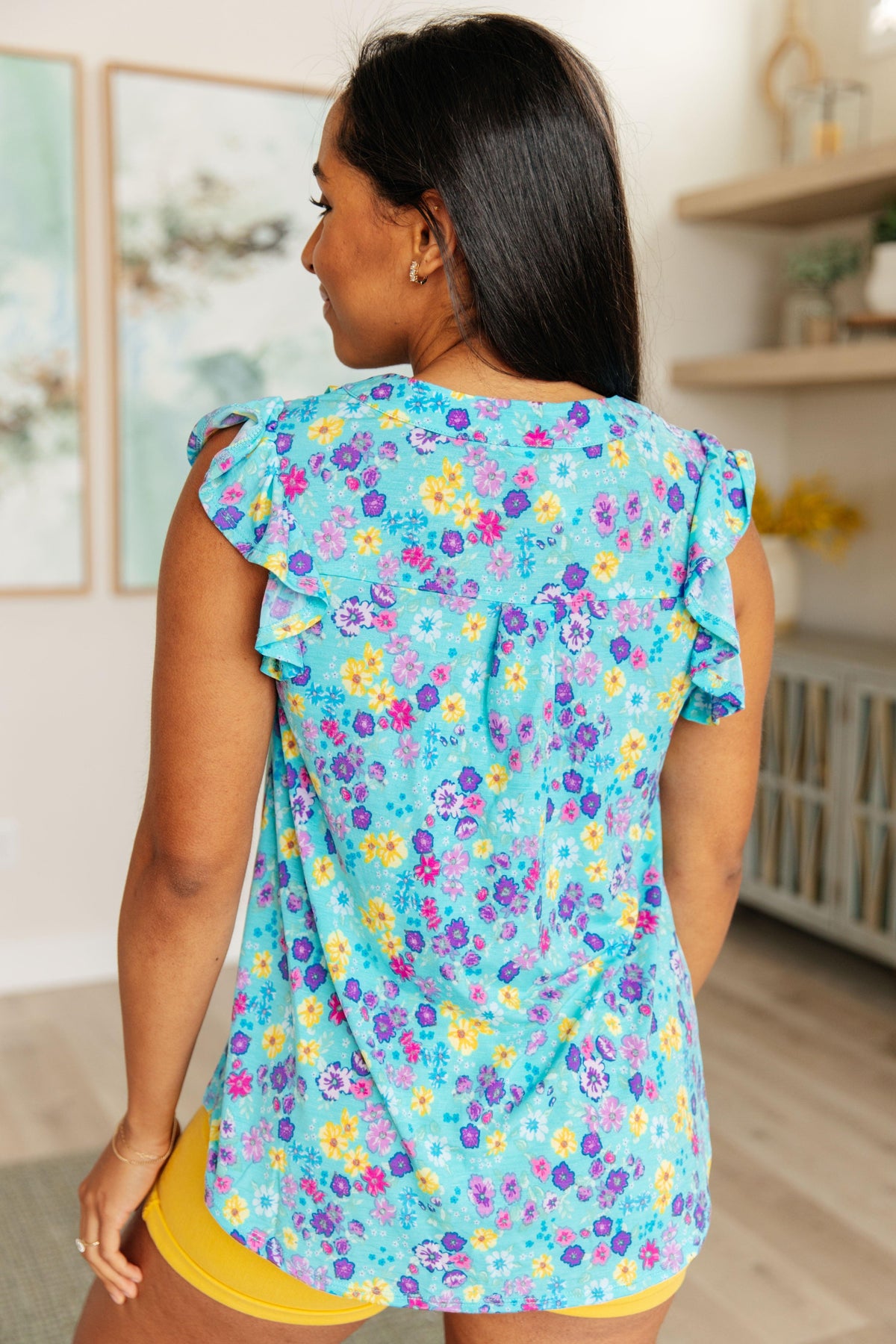 Lizzy Flutter Sleeve Top in Teal and Purple Floral - becauseofadi