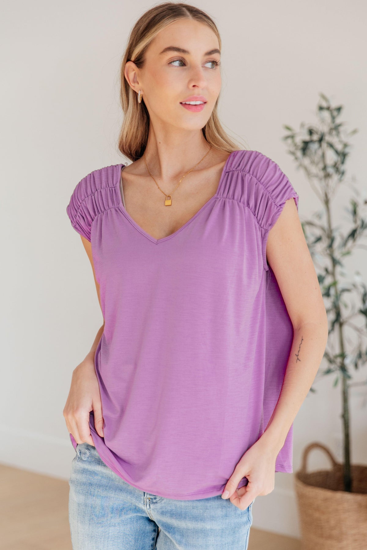 Ruched Cap Sleeve Top in Lavender - becauseofadi