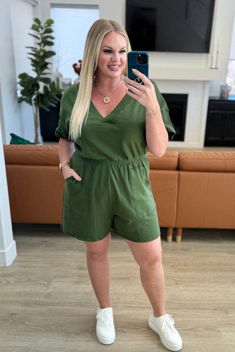 Short Sleeve V-Neck Romper in Army Green - becauseofadi