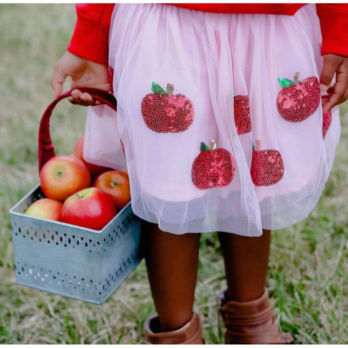 Sweet Wink | Kids Apple Tutu Skirt | Apple Picking Skirt | Pink Soft Tulle Apple Skirt - becauseofadi