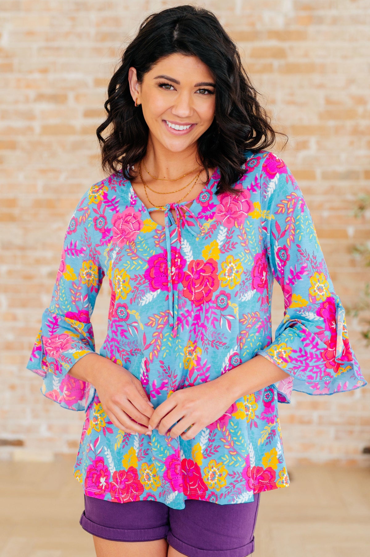 Willow Bell Sleeve Top in Bright Blue Floral - becauseofadi