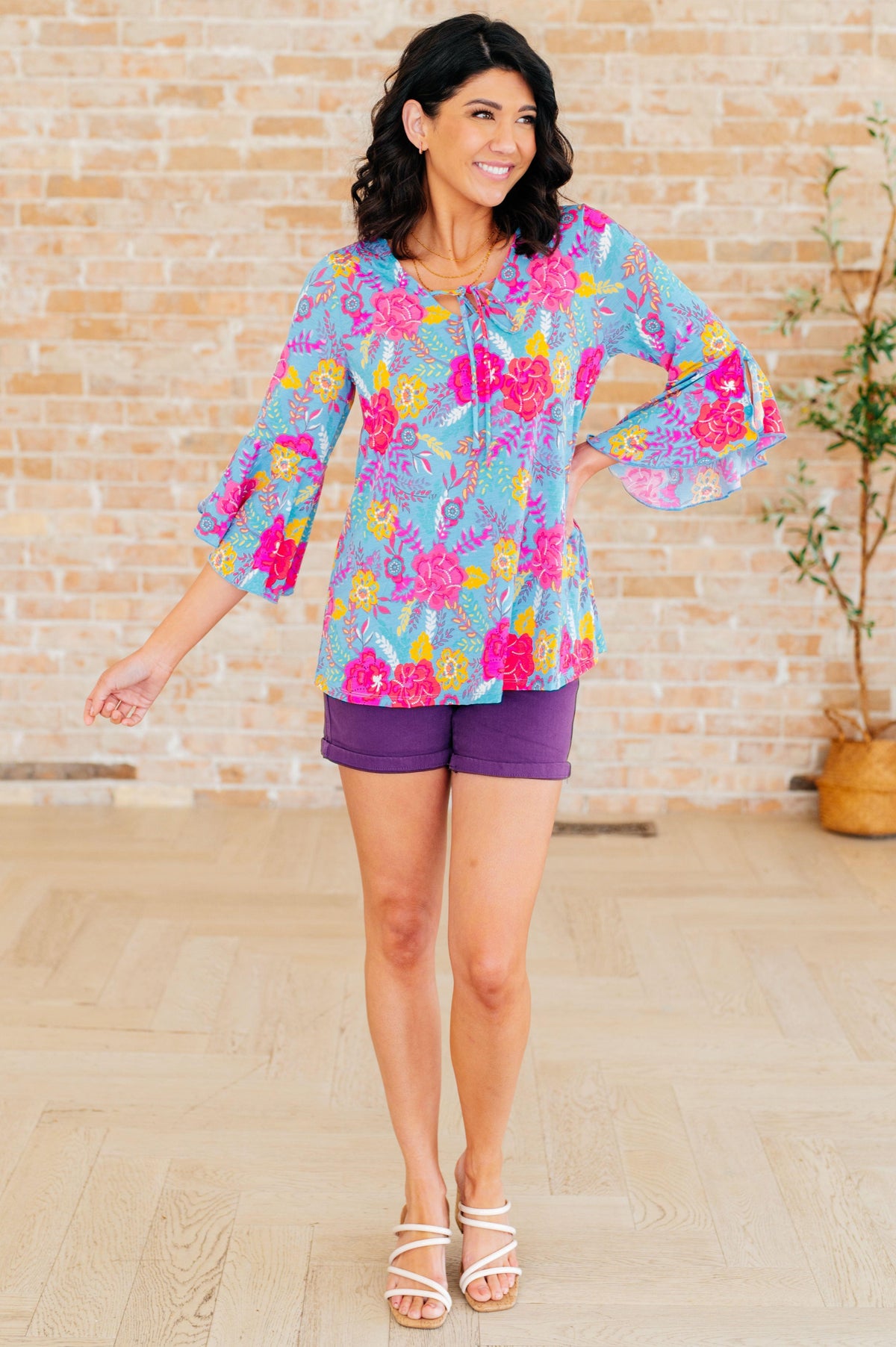 Willow Bell Sleeve Top in Bright Blue Floral - becauseofadi