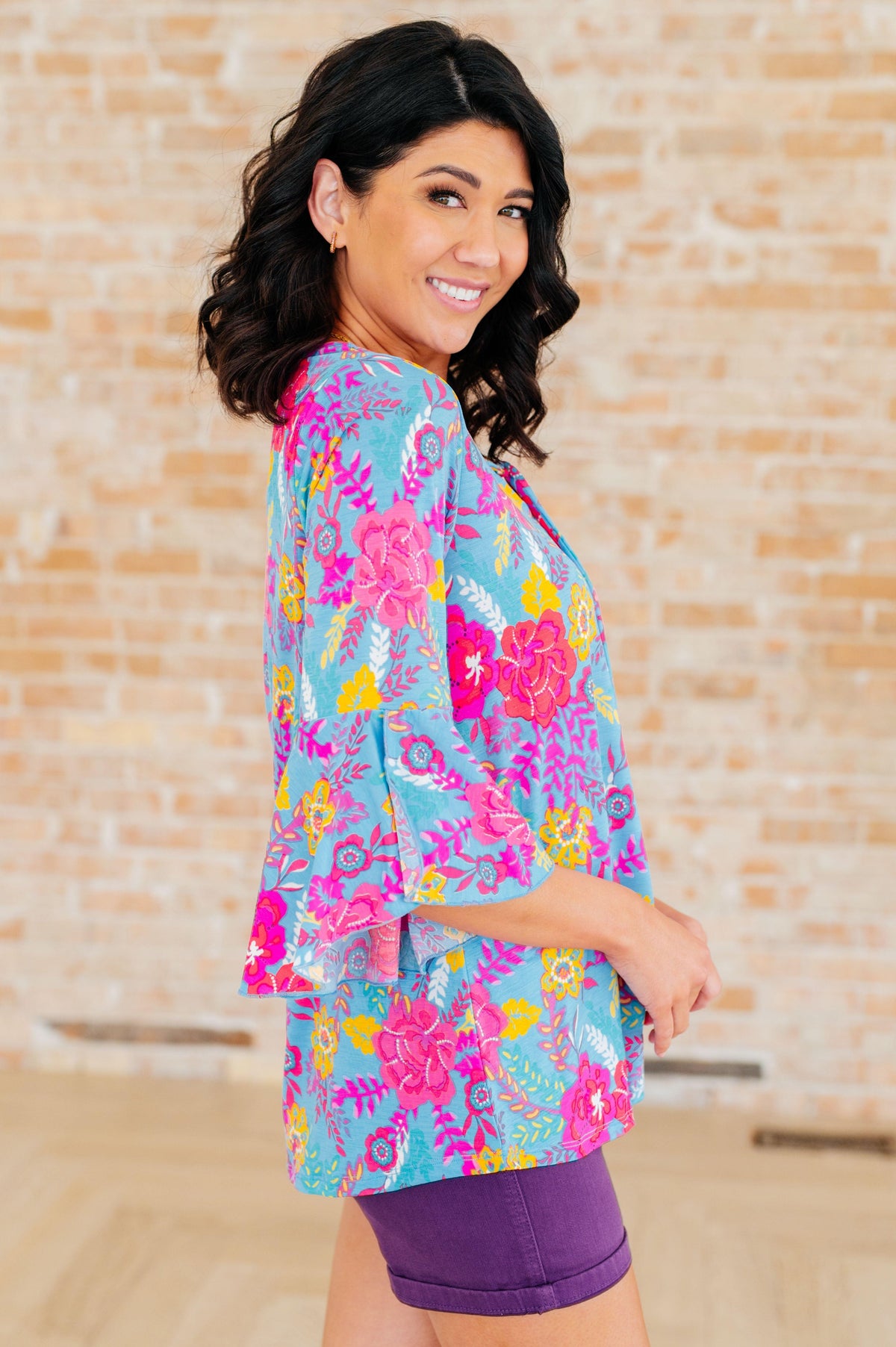 Willow Bell Sleeve Top in Bright Blue Floral - becauseofadi