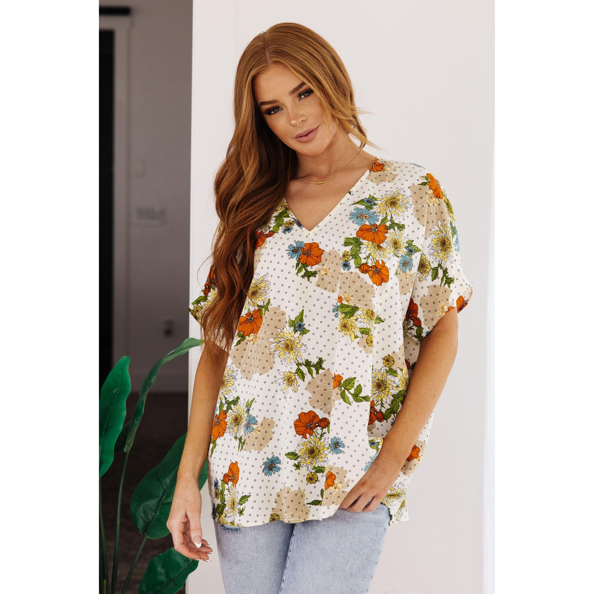 Women’s Good Morning Floral V-Neck Blouse - becauseofadi