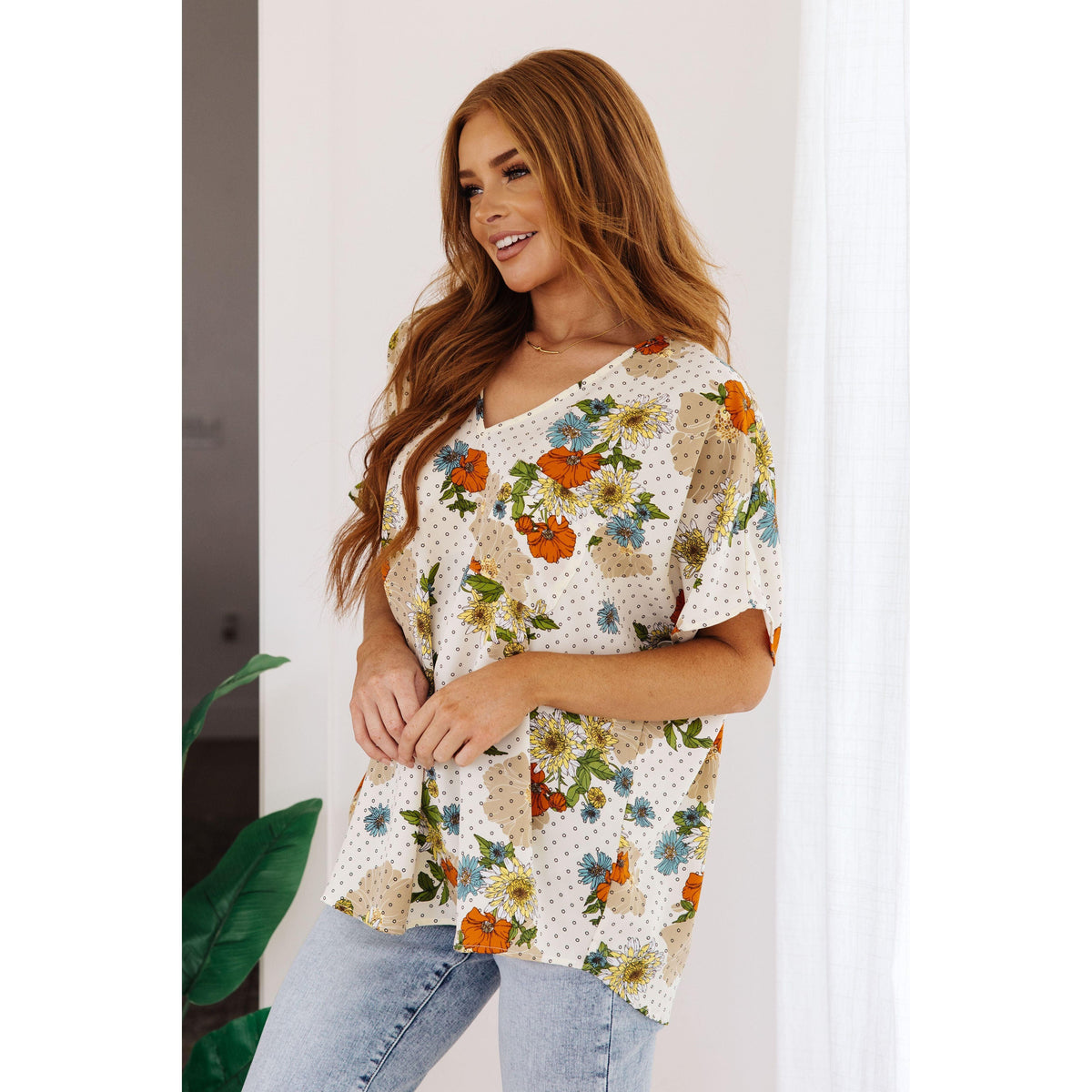 Women’s Good Morning Floral V-Neck Blouse - becauseofadi