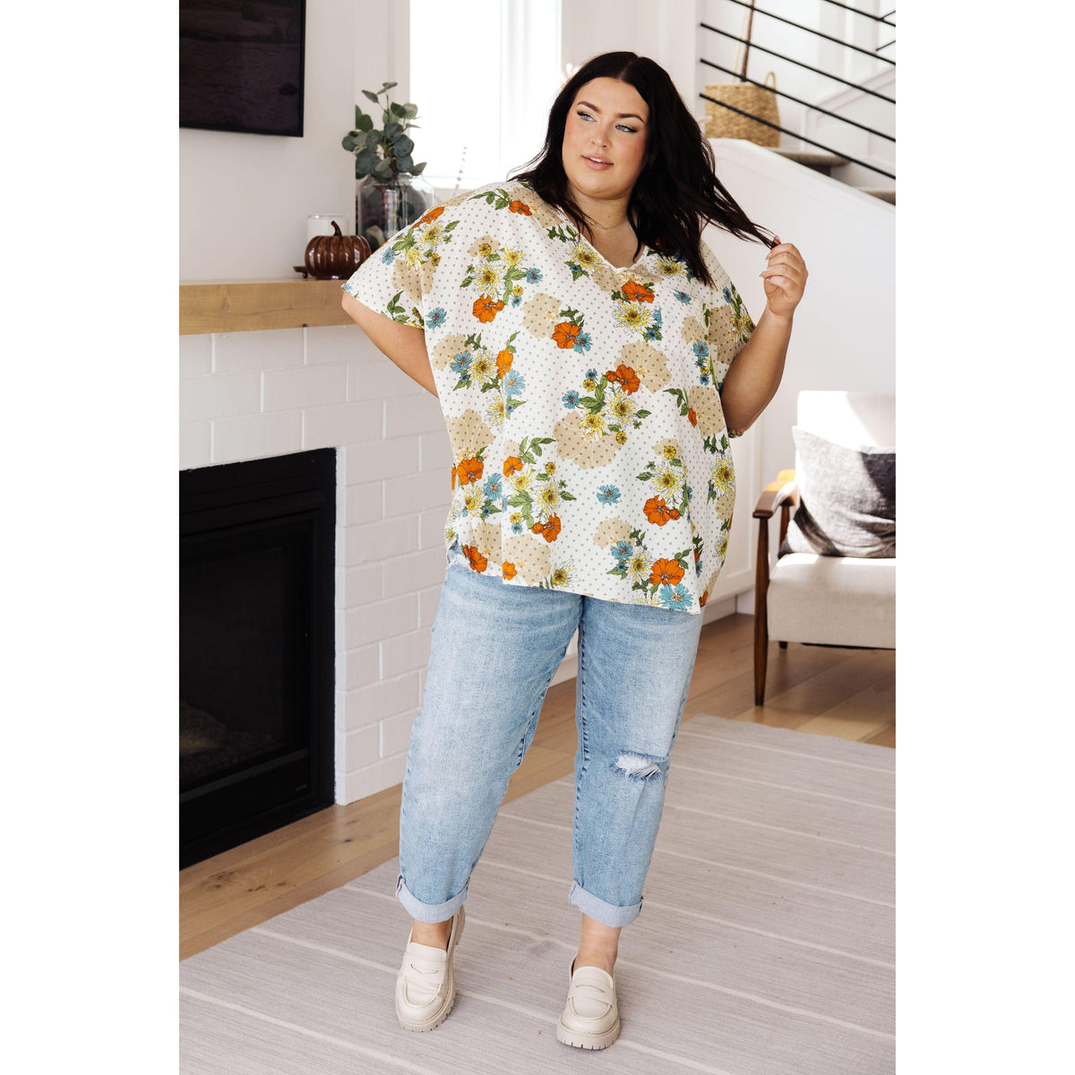 Women’s Good Morning Floral V-Neck Blouse - becauseofadi