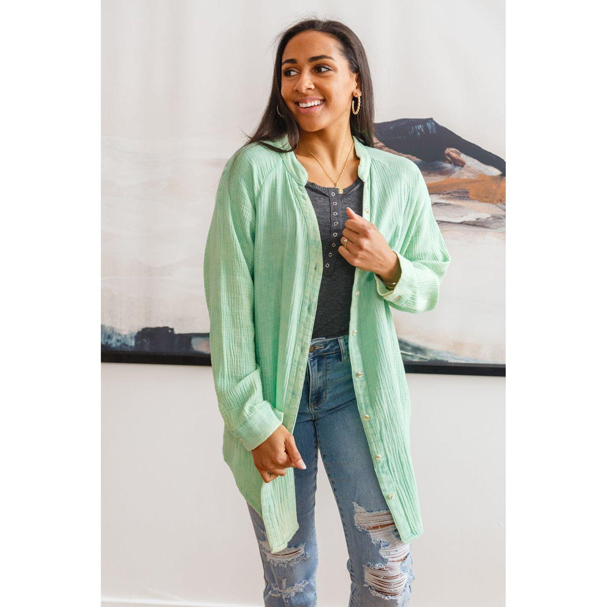 Corey Button Up Top In Vintage Green - becauseofadi