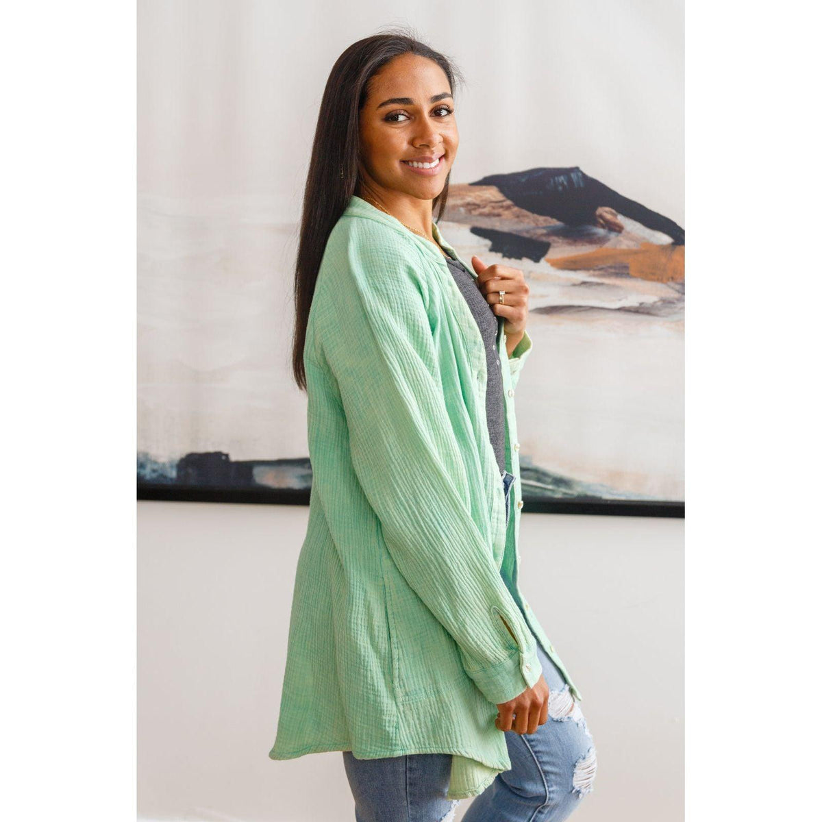 Corey Button Up Top In Vintage Green - becauseofadi