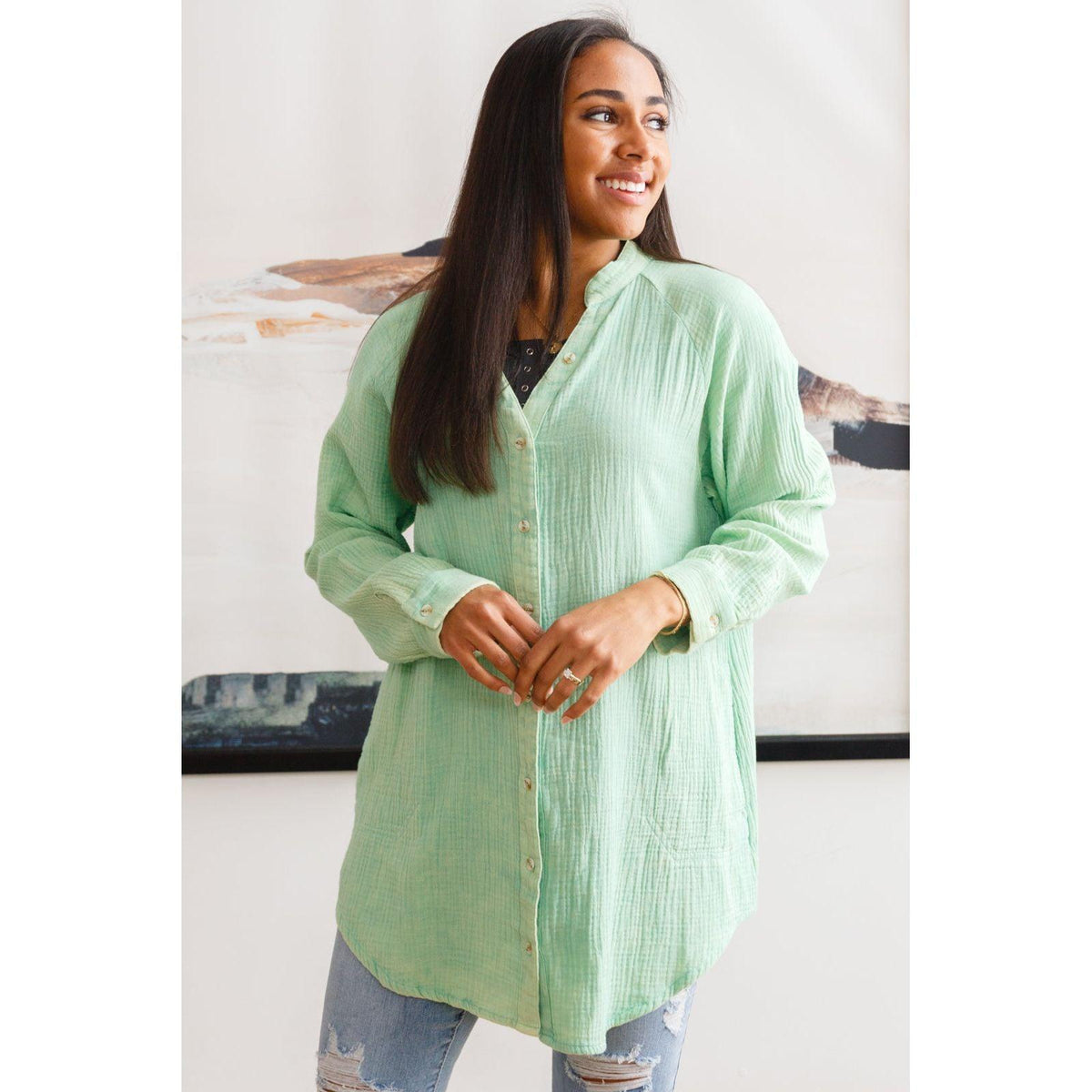 Corey Button Up Top In Vintage Green - becauseofadi