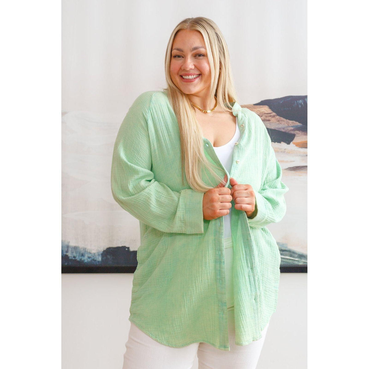 Corey Button Up Top In Vintage Green - becauseofadi