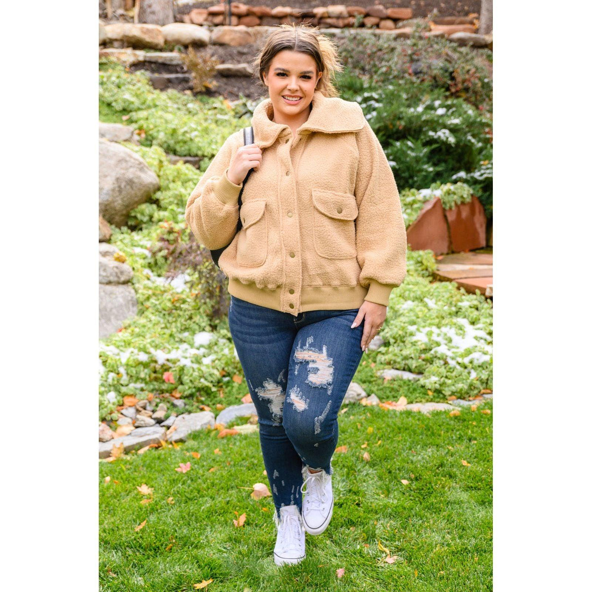 Don't Stress Oversized Collar Sherpa Jacket In Taupe - becauseofadi