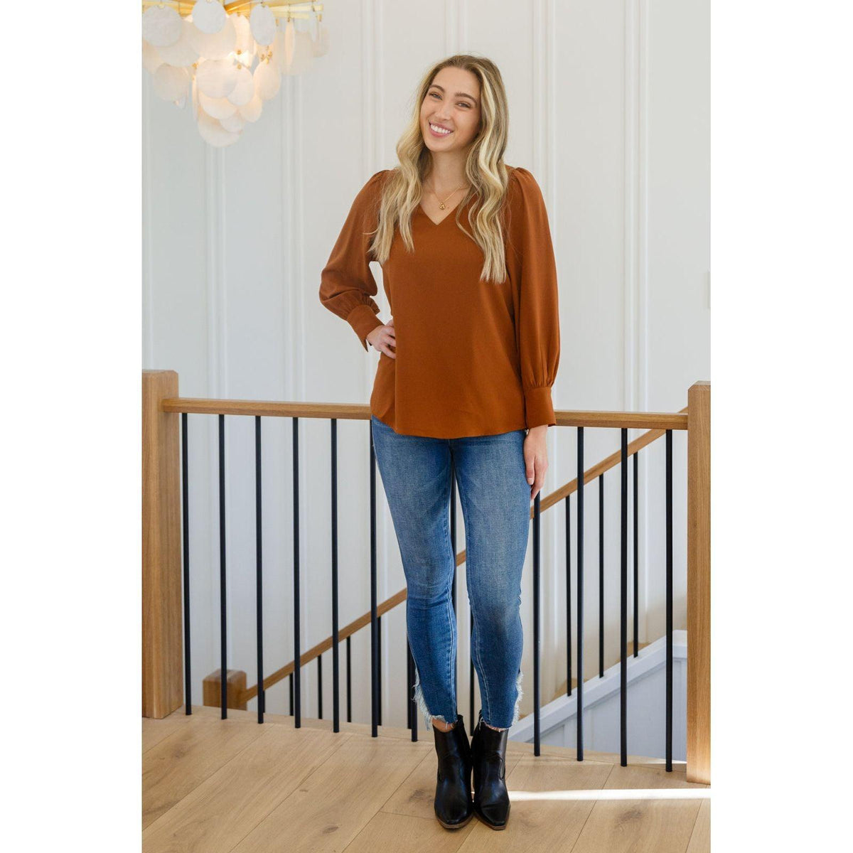 Enjoy This Moment V Neck Blouse In Toffee - becauseofadi