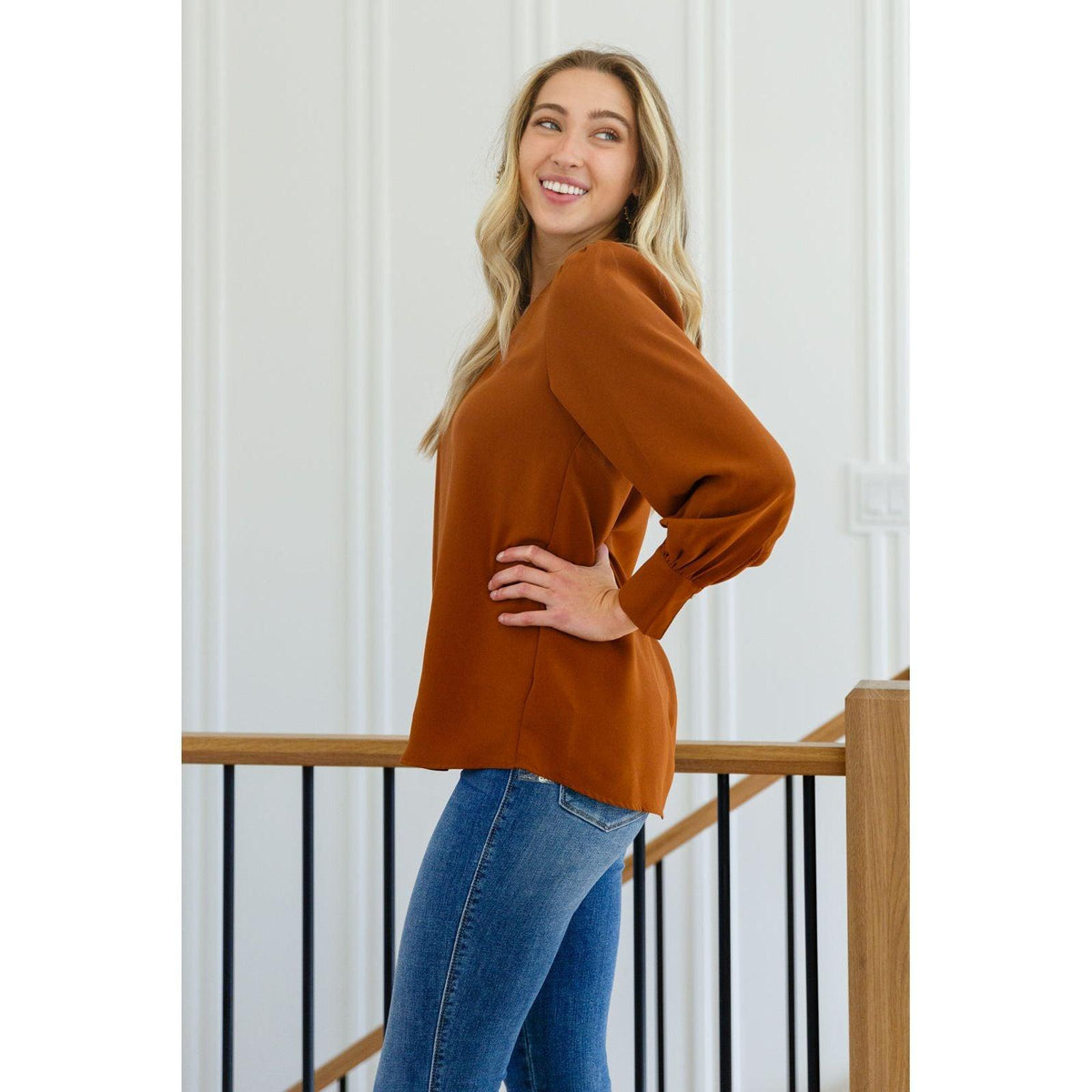 Enjoy This Moment V Neck Blouse In Toffee - becauseofadi