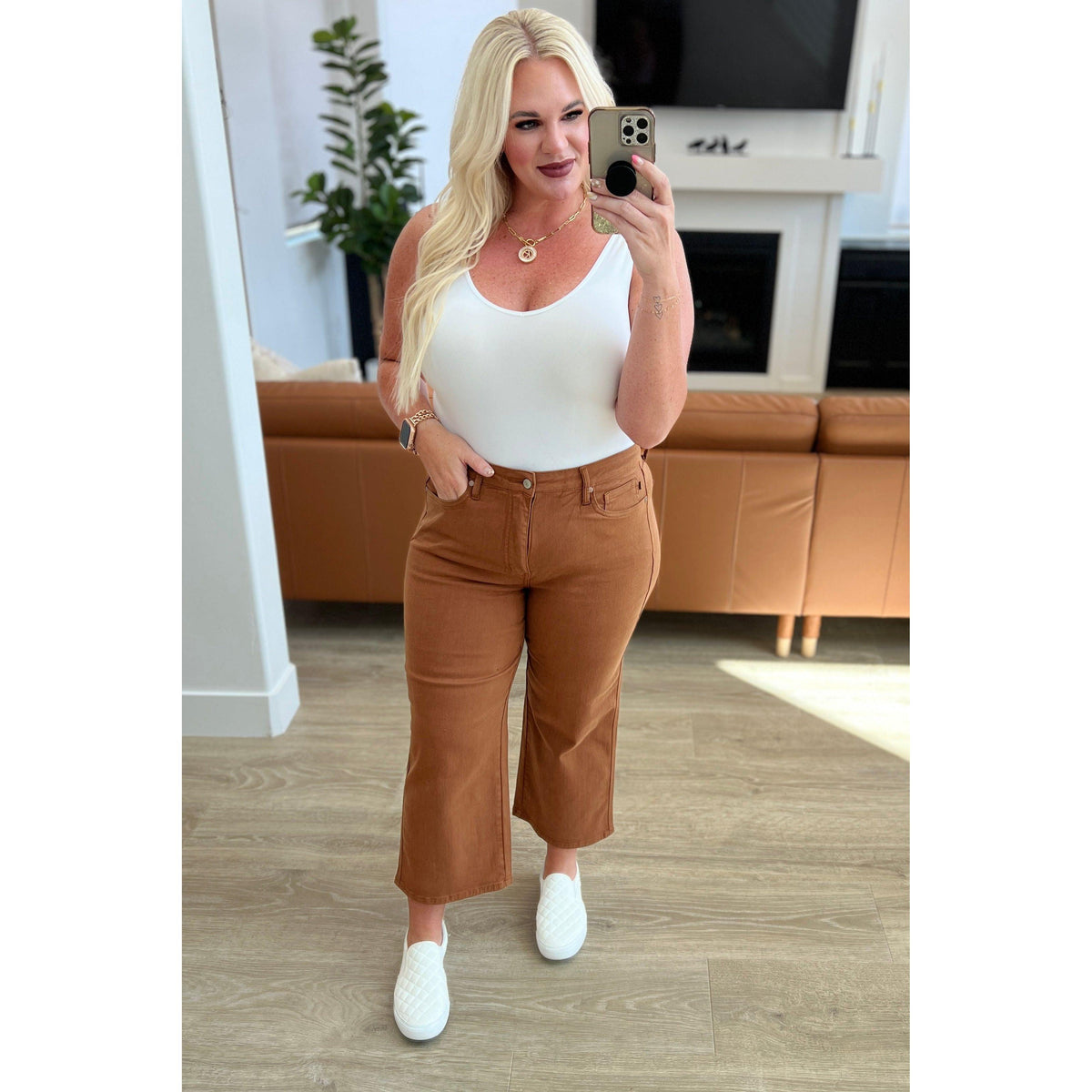 Judy Blue | Briar High Rise Control Top Wide Leg Crop Jeans in Camel - becauseofadi