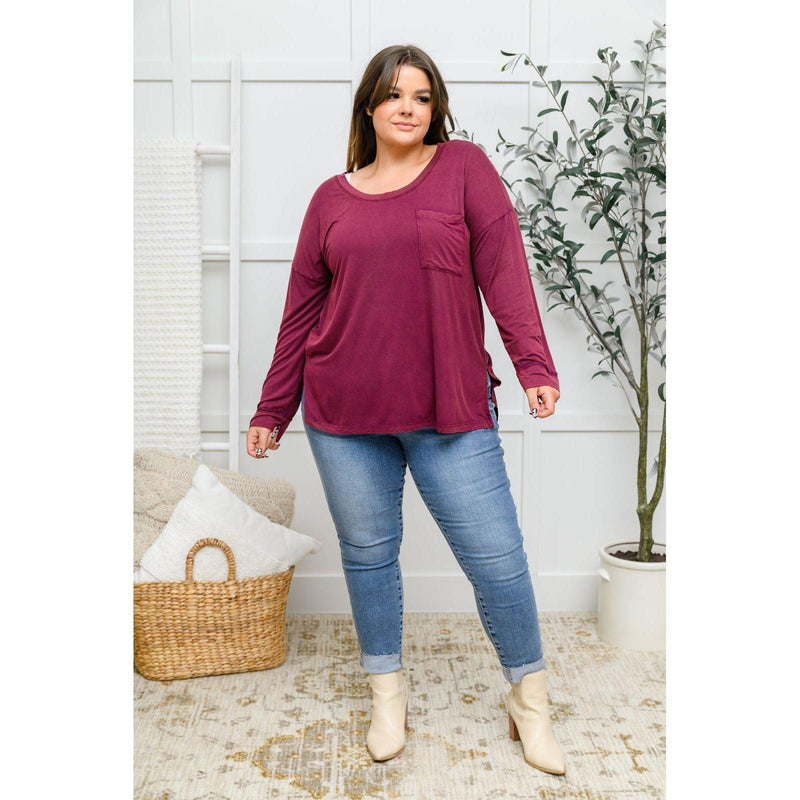 Long Sleeve Knit Top With Pocket In Burgundy - becauseofadi