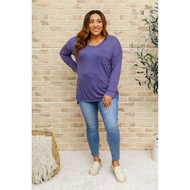 Long Sleeve Knit Top With Pocket In Denim Blue - becauseofadi