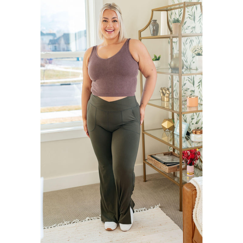 On the Move V Front Flare Leggings in Olive - becauseofadi