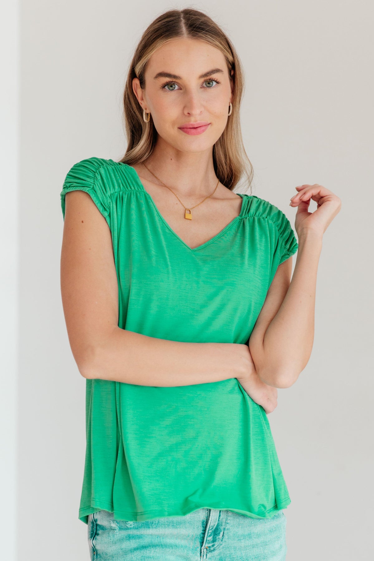 Ruched Cap Sleeve Top in Emerald - becauseofadi