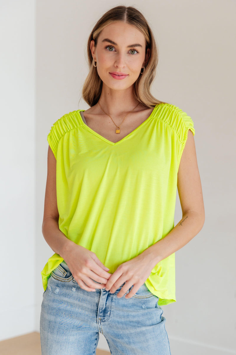 Ruched Cap Sleeve Top in Neon Green - becauseofadi