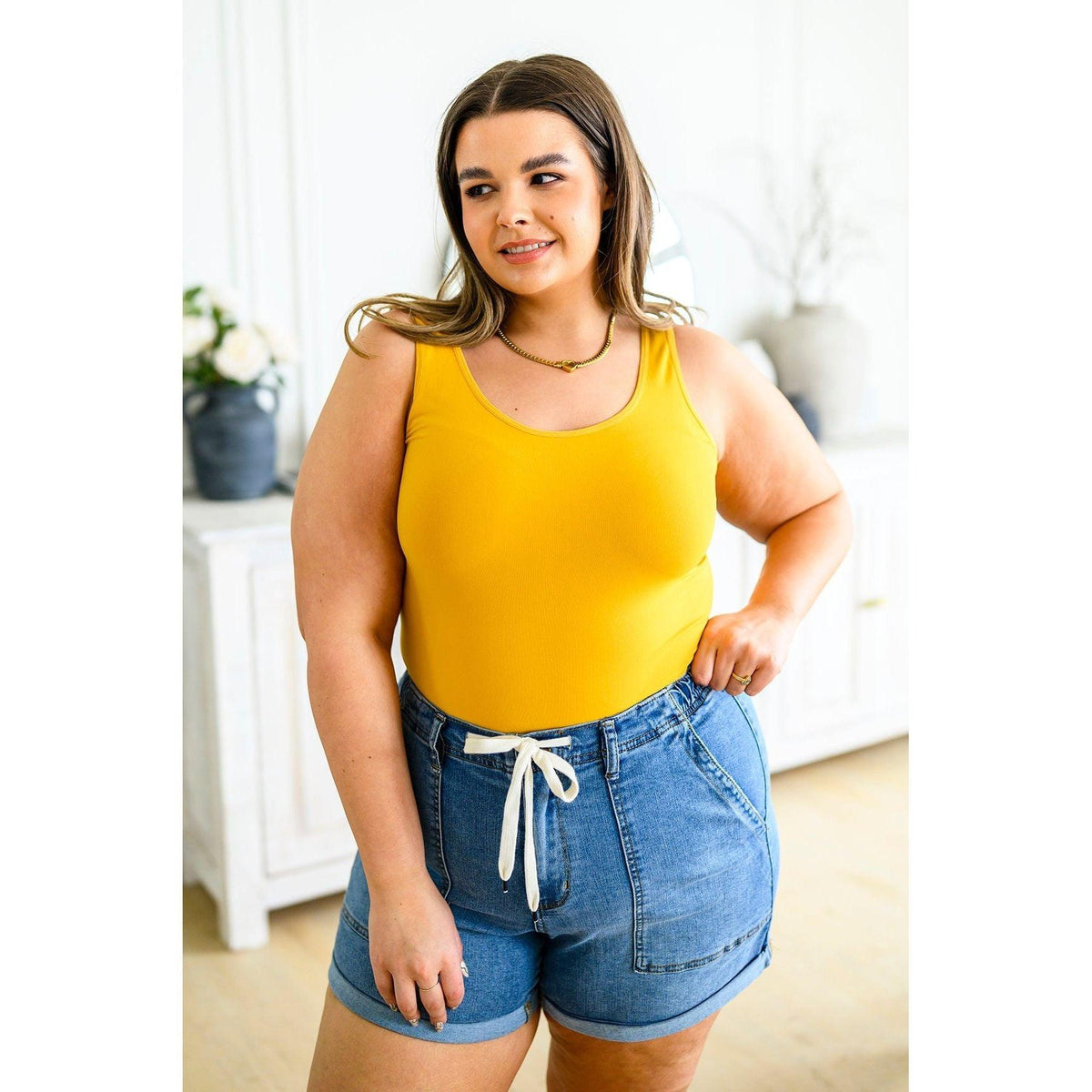 The Basics Reversible Longline Tank in Mustard - becauseofadi