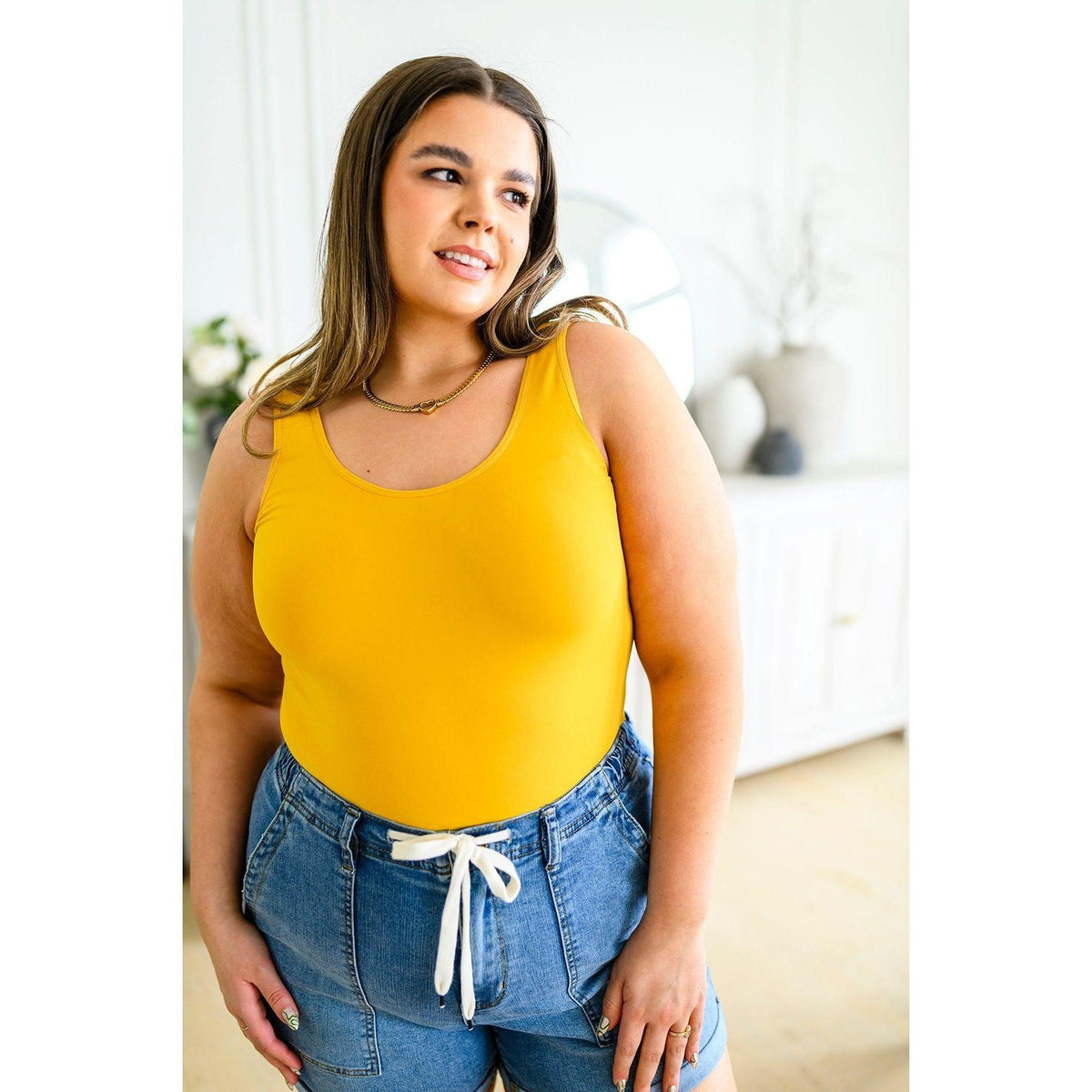 The Basics Reversible Longline Tank in Mustard - becauseofadi