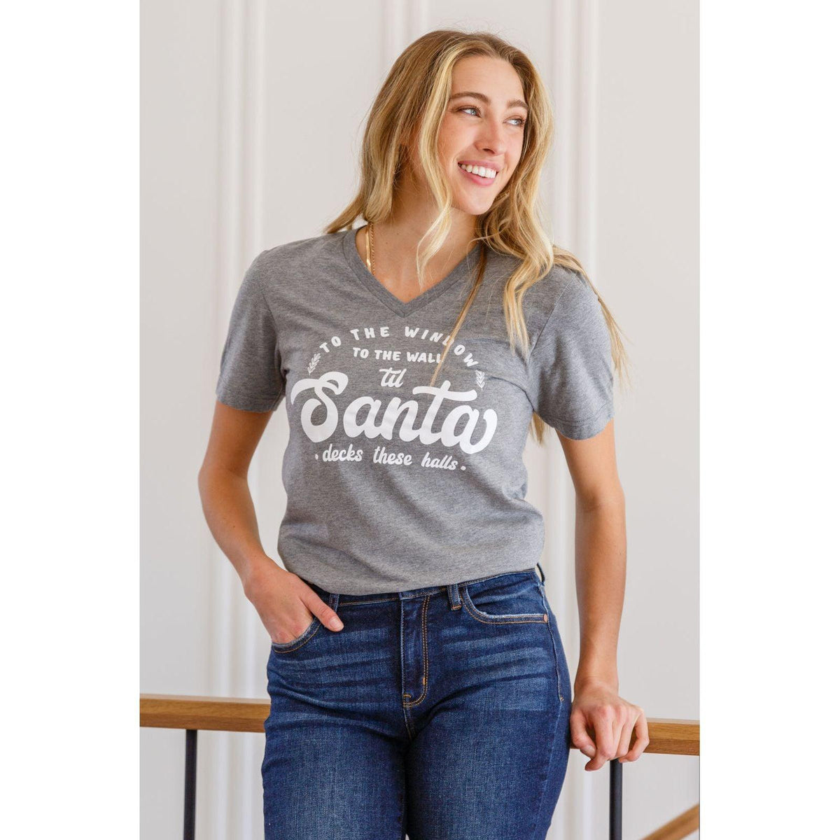 To The Window Graphic V Neck Tee In Gray - becauseofadi