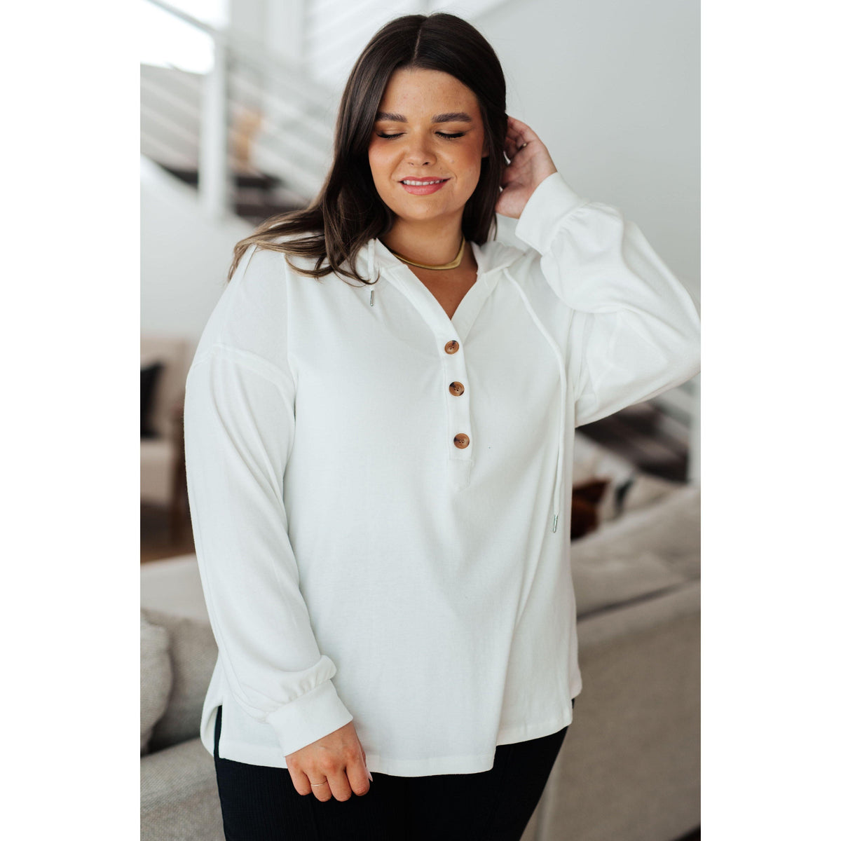 Women's Happier Now Henley Hoodie in Ivory - becauseofadi