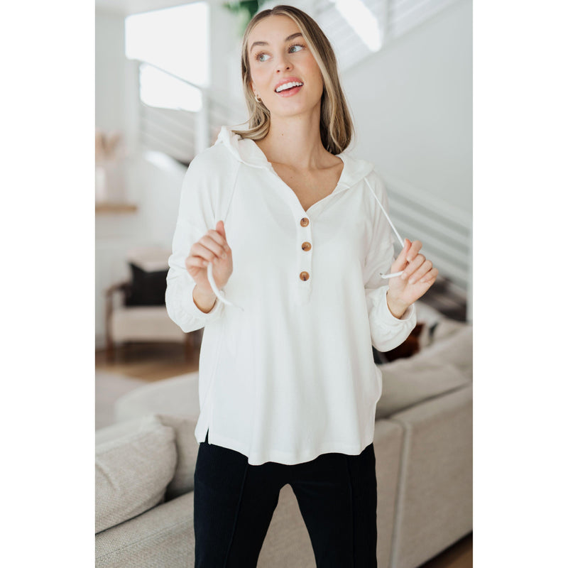 Women's Happier Now Henley Hoodie in Ivory - becauseofadi