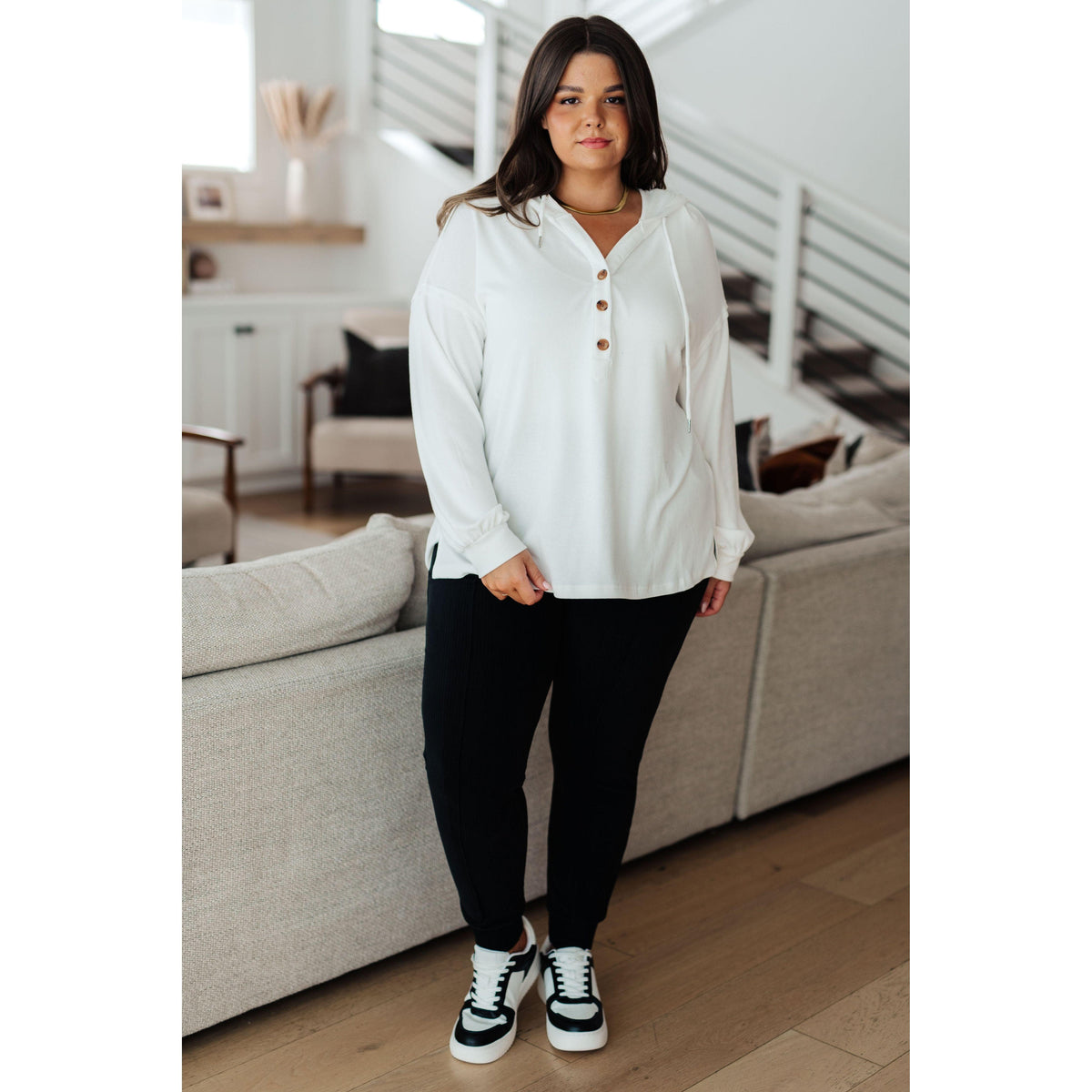 Women's Happier Now Henley Hoodie in Ivory - becauseofadi