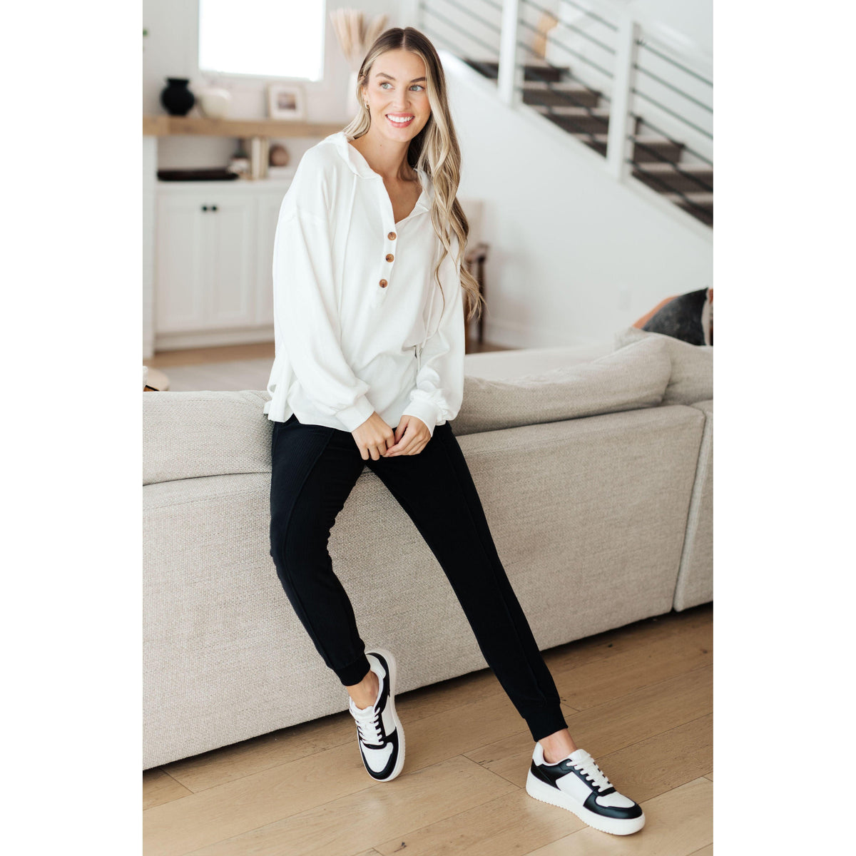 Women's Happier Now Henley Hoodie in Ivory - becauseofadi