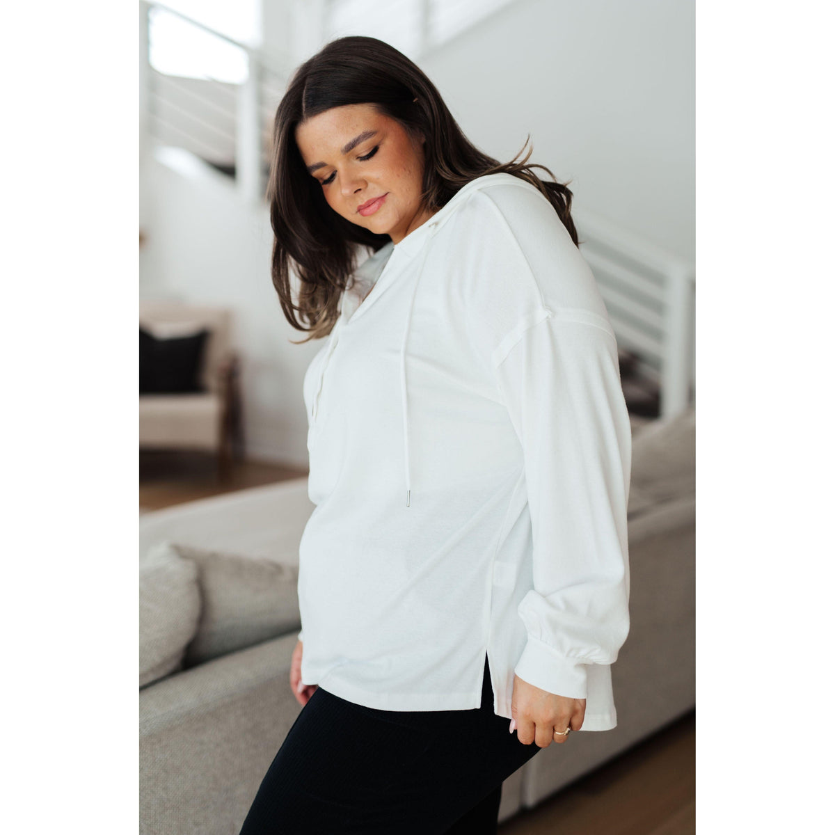 Women's Happier Now Henley Hoodie in Ivory - becauseofadi