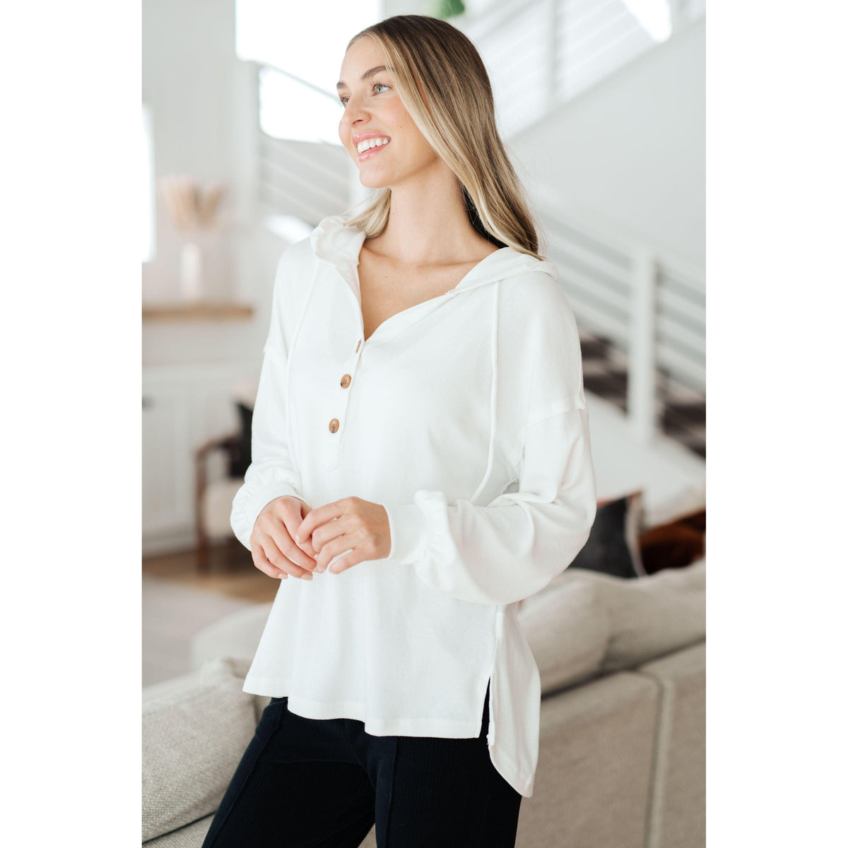 Women's Happier Now Henley Hoodie in Ivory - becauseofadi