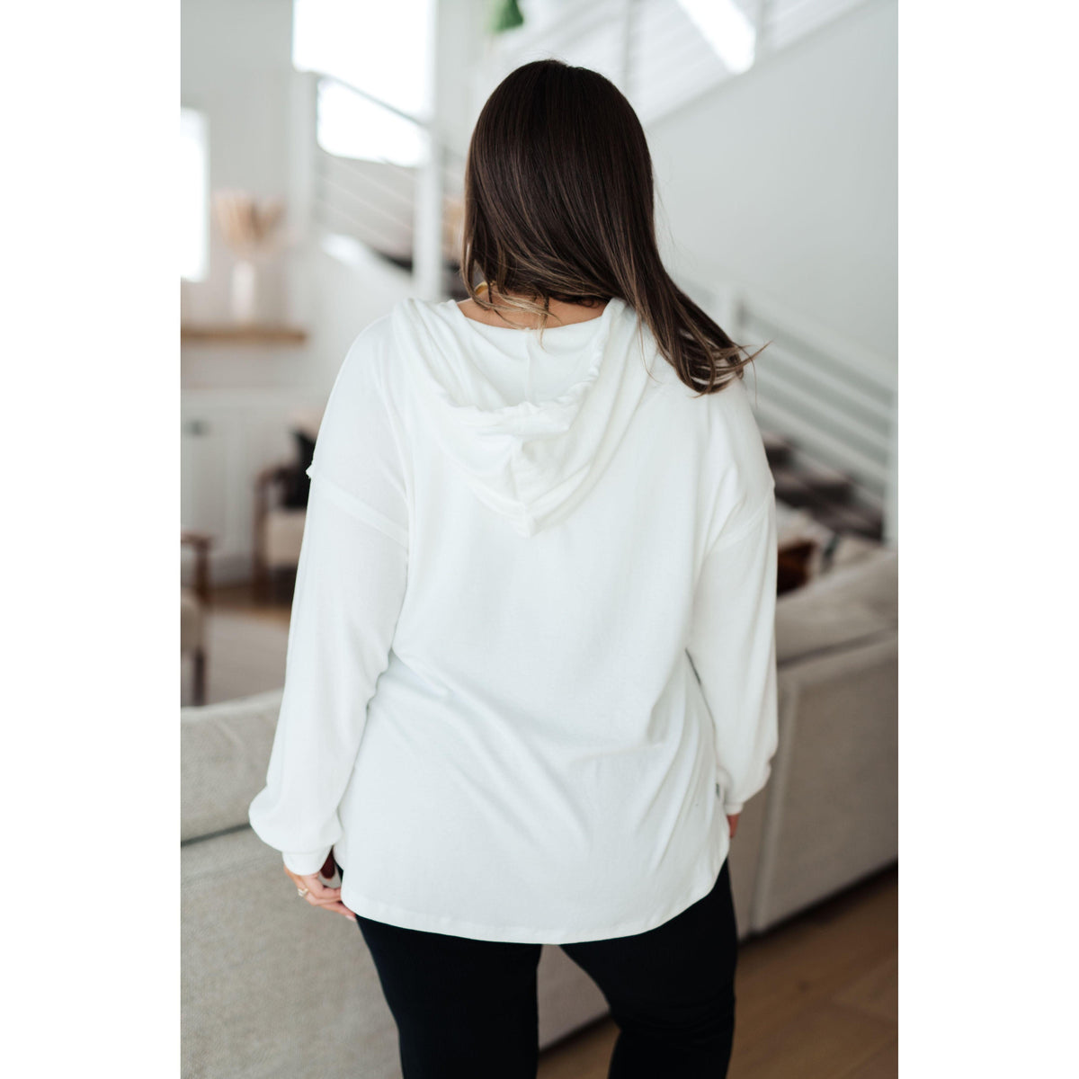 Women's Happier Now Henley Hoodie in Ivory - becauseofadi