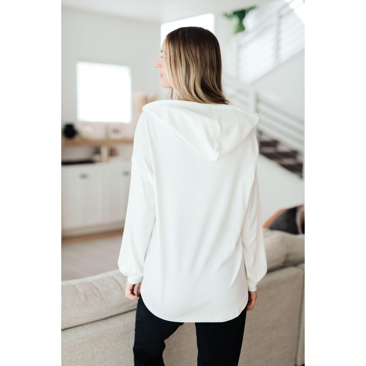 Women's Happier Now Henley Hoodie in Ivory - becauseofadi