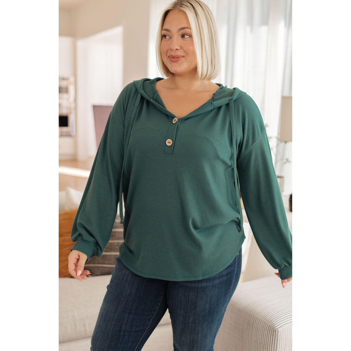 Women's Rainy Day Henley Hoodie in Green - becauseofadi