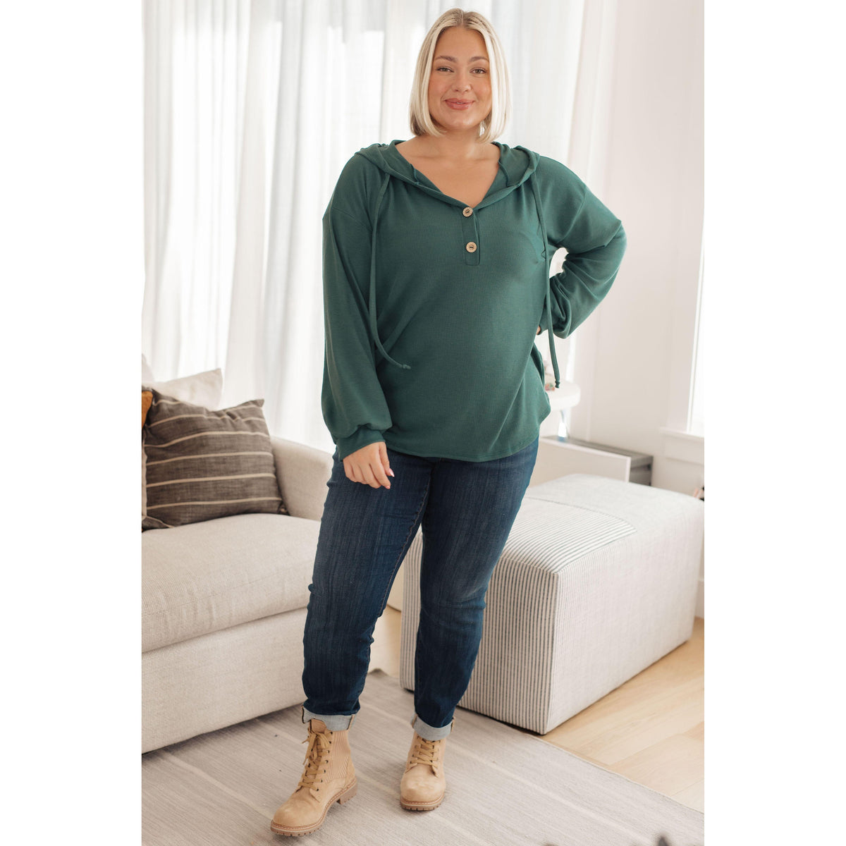 Women's Rainy Day Henley Hoodie in Green - becauseofadi