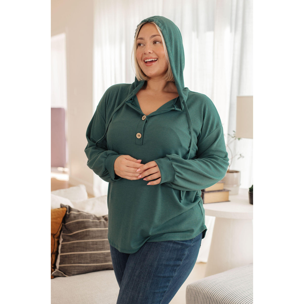 Women's Rainy Day Henley Hoodie in Green - becauseofadi