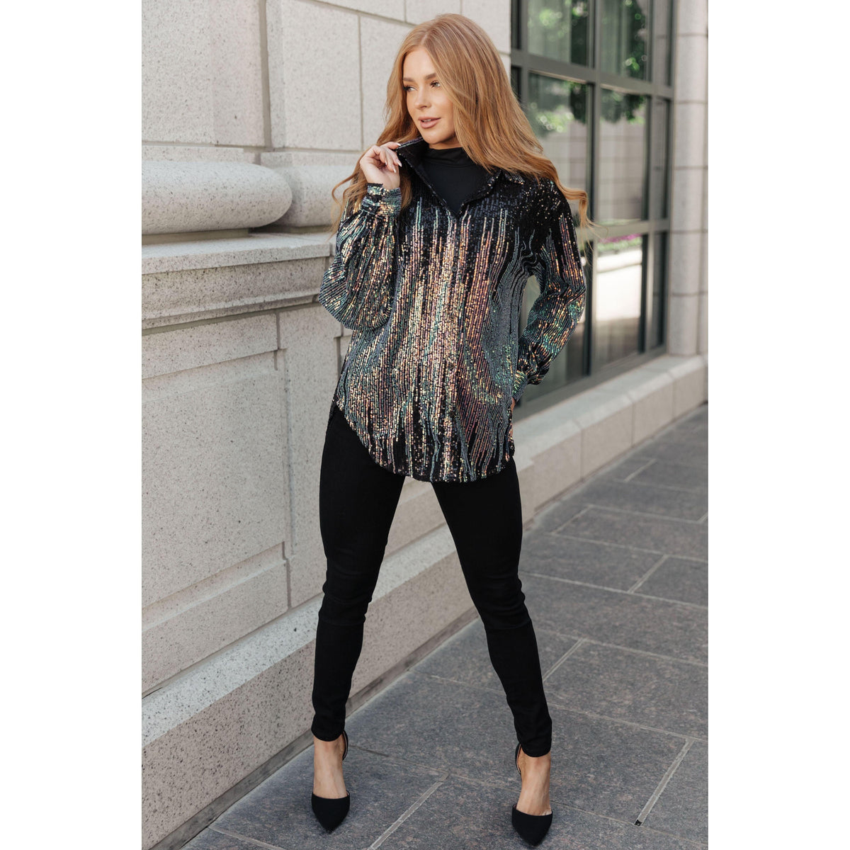 Women's Too Glitz to Glam Button Up Sequin Shirt - becauseofadi