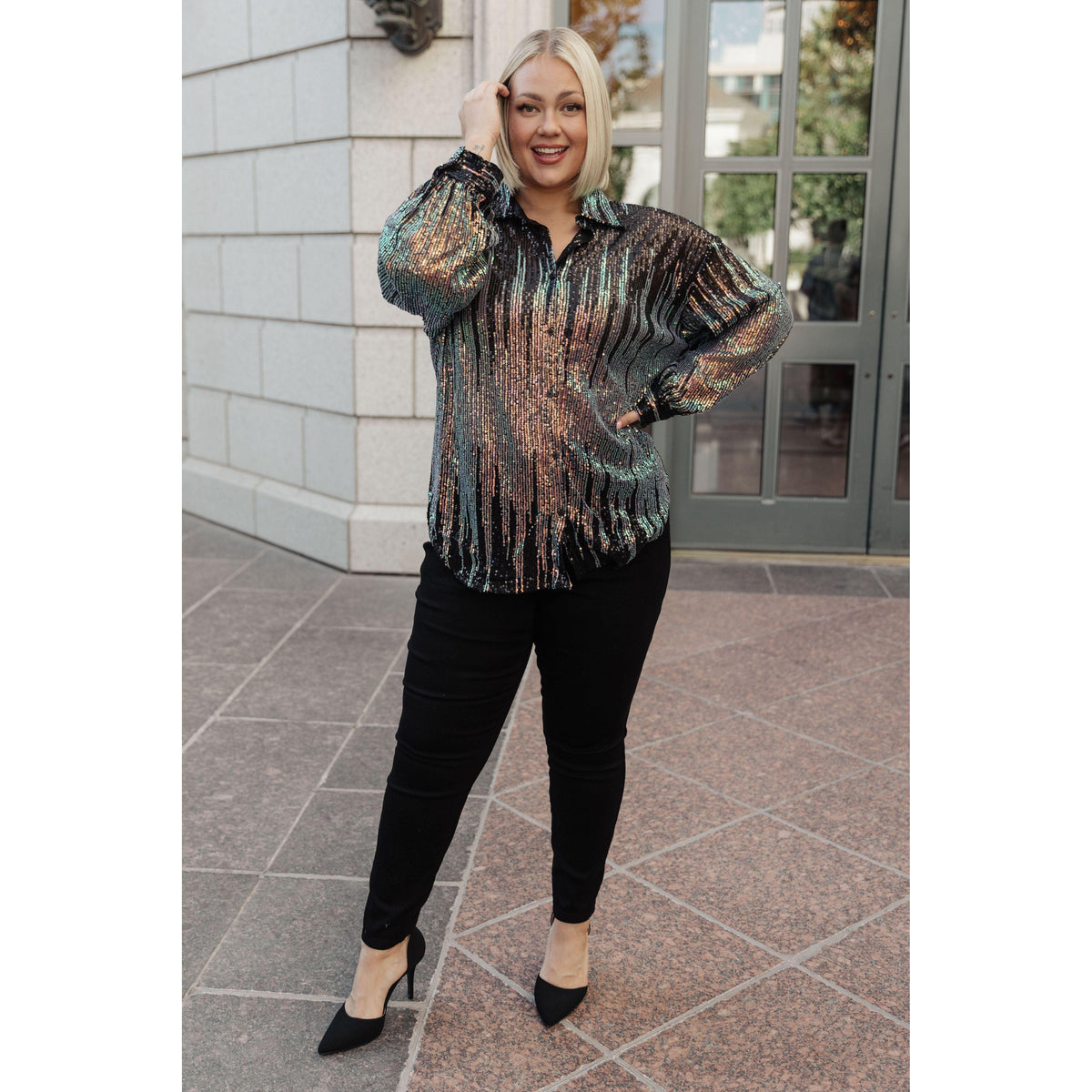 Women's Too Glitz to Glam Button Up Sequin Shirt - becauseofadi