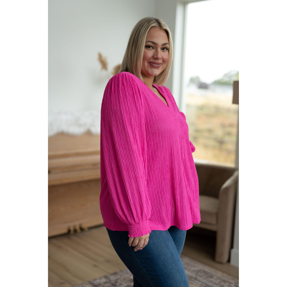 Women's Very Refined V-Neck Blouse in Pink - becauseofadi